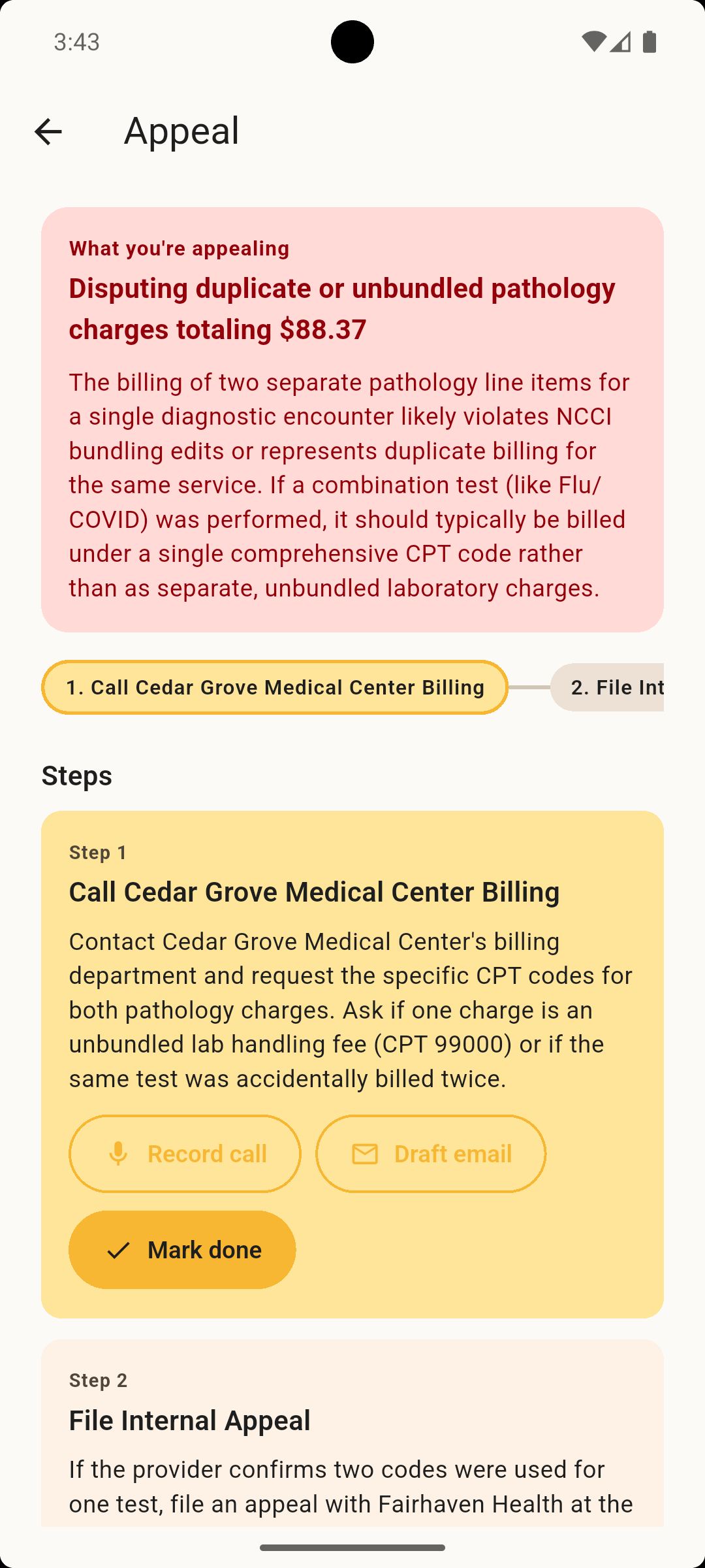 Appeal screen - step-by-step playbook with "Call billing" and "Draft email" actions plus a Mark done button.