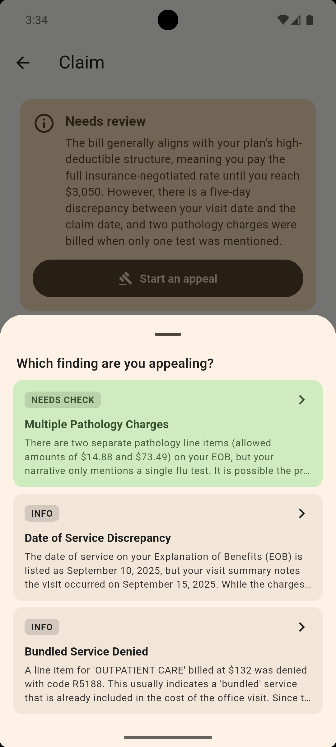 Finding picker bottom sheet - "Which finding are you appealing?" with severity-tagged cards for each issue.