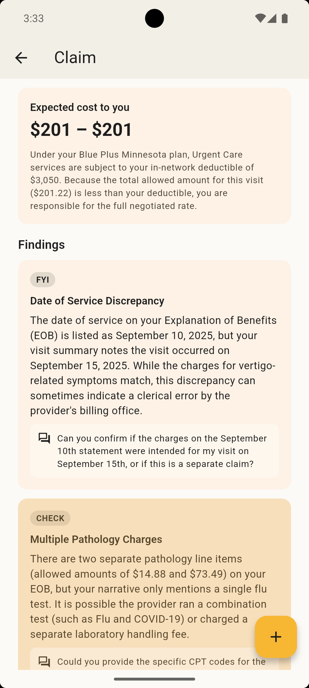 Claim detail screen - expected cost range, findings list flagging a date-of-service discrepancy and duplicate pathology charges.