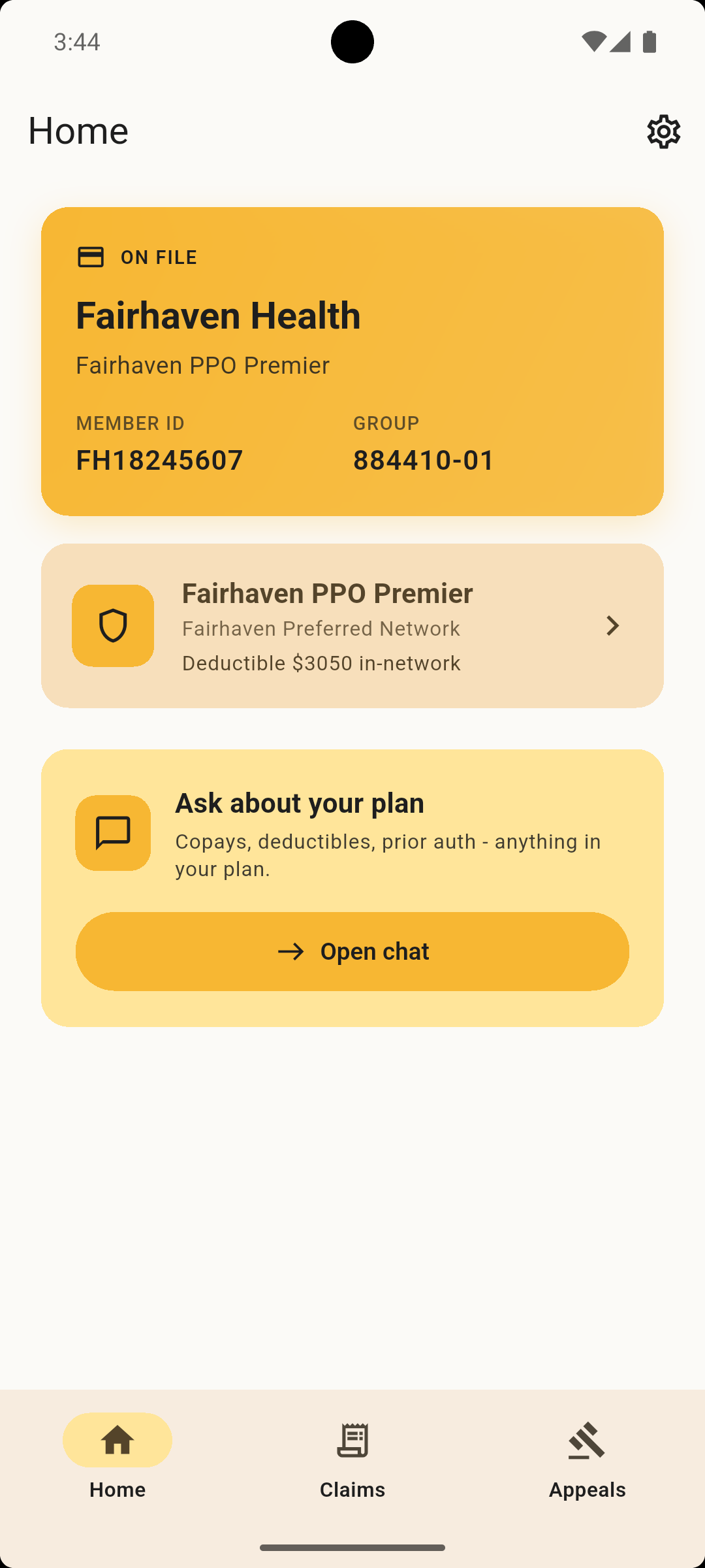 Home tab - Fairhaven Health plan on file with member ID, plan summary card, and "Ask about your plan" entry point.