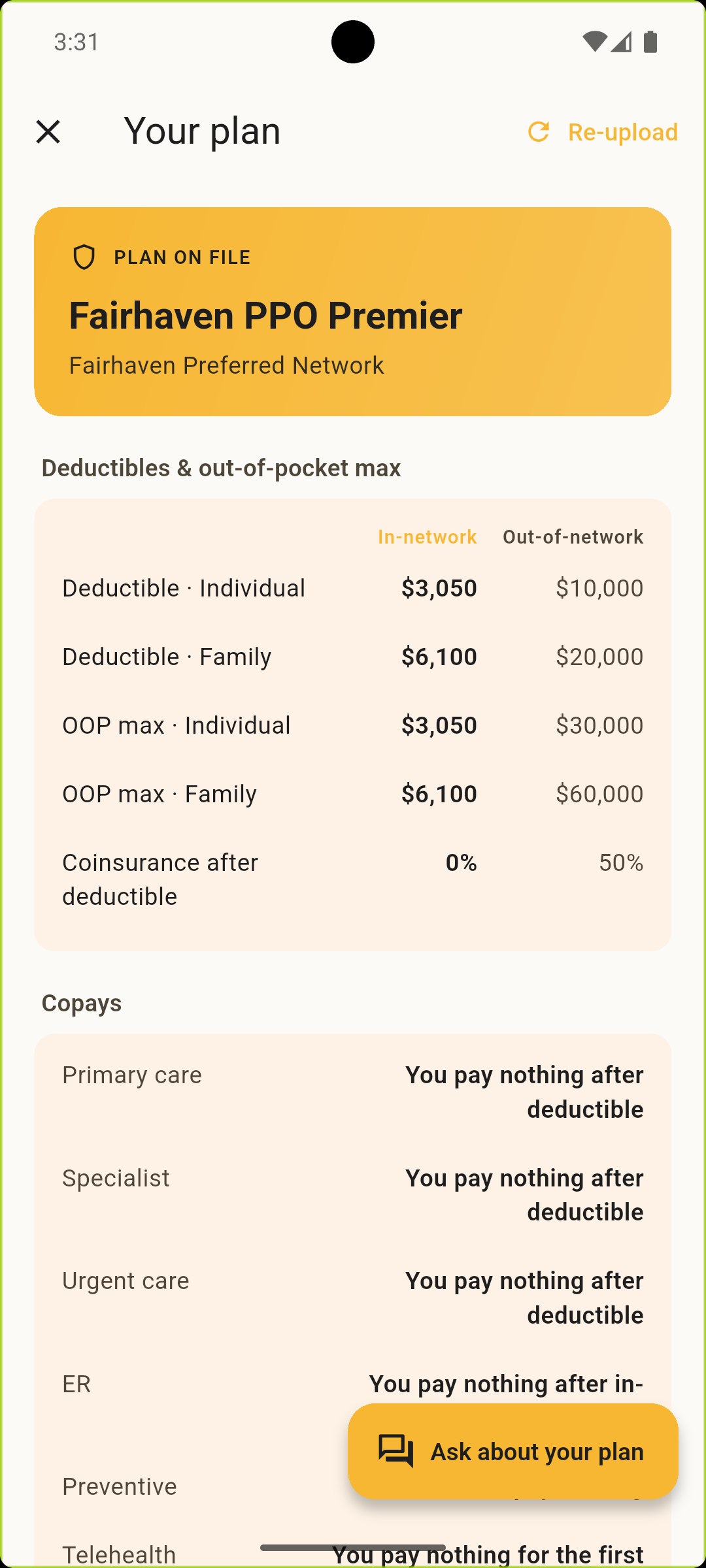 Your plan screen - deductibles, out-of-pocket max, and copays in a scannable table for in-network vs out-of-network.